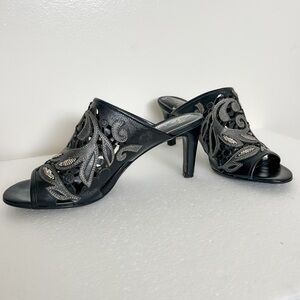 Brighton Revue Black Leather Mule Heels sandals metallic beadwork women’s size 9